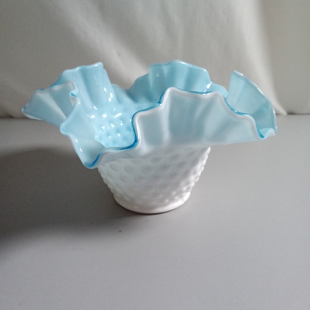 Fenton Hobnail Blue Opalescent Milk Glass Ruffled Vase Bowl Vintage MCM